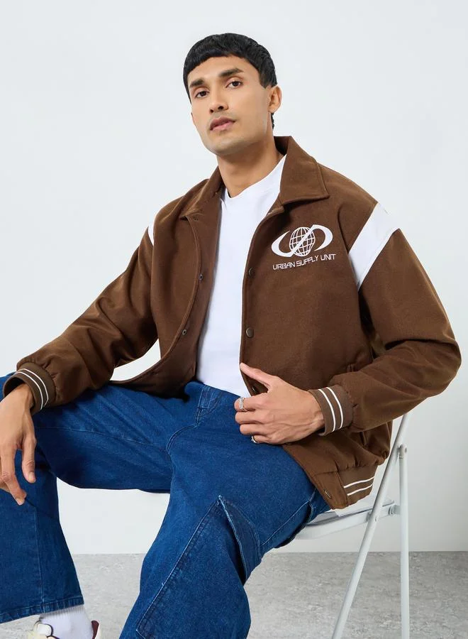 Styli Men Relaxed Varsity Jacket with Graphic Patchwork